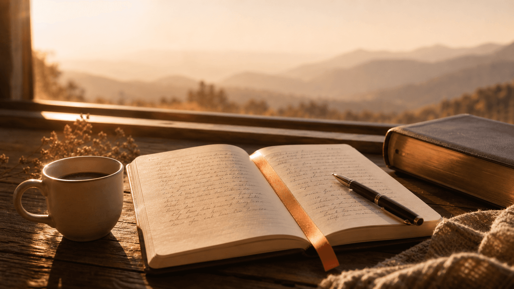 A warm notebook and Bible scene with sermon notes near a window and soft morning mountain light.