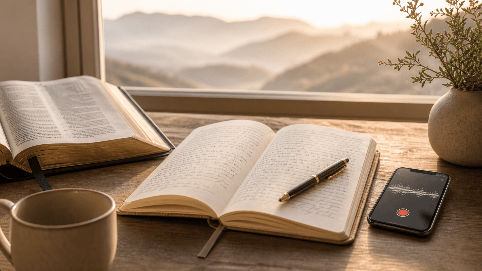 An open journal, Bible, pen, and phone for a voice reflection beside a warm mountain window.