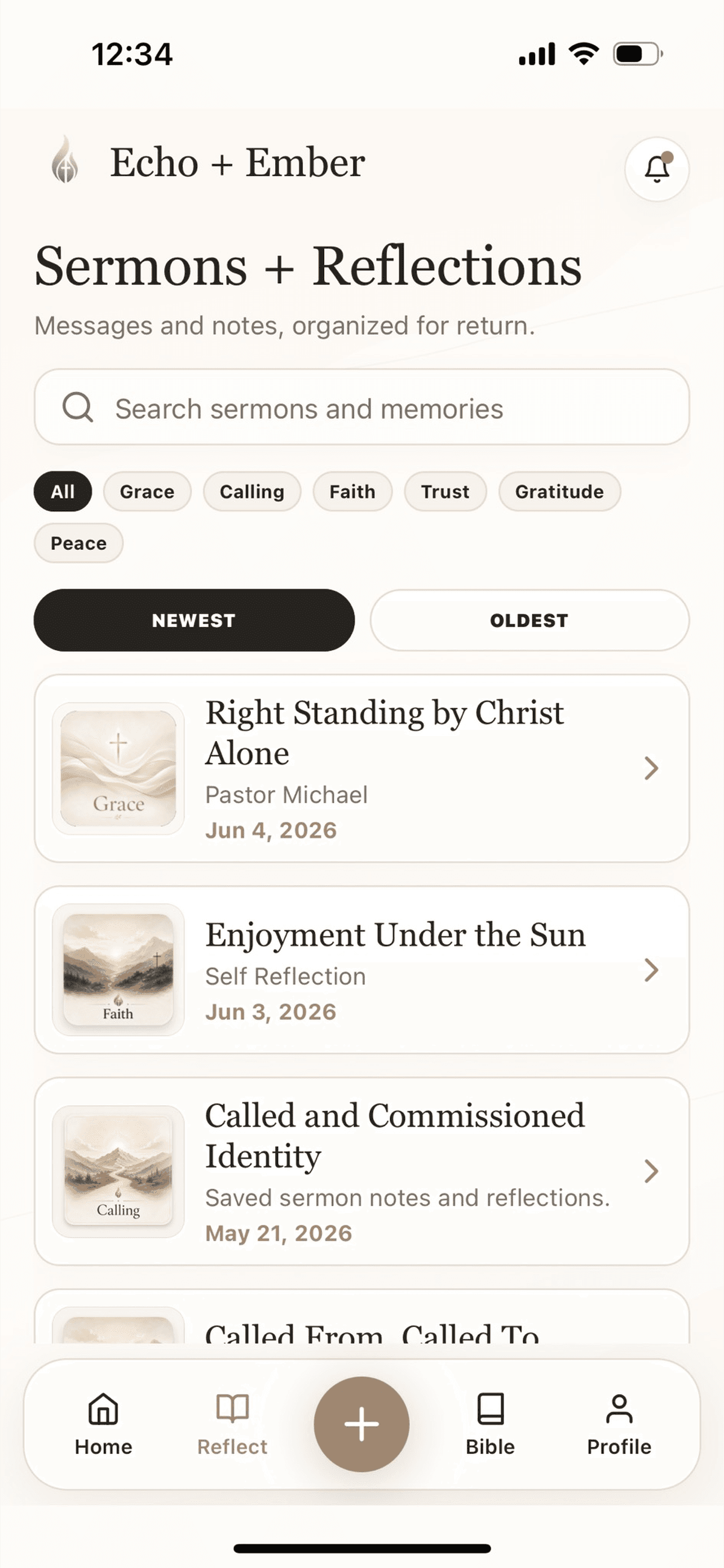 Echo + Ember Sermons screen showing saved sermons and reflections.