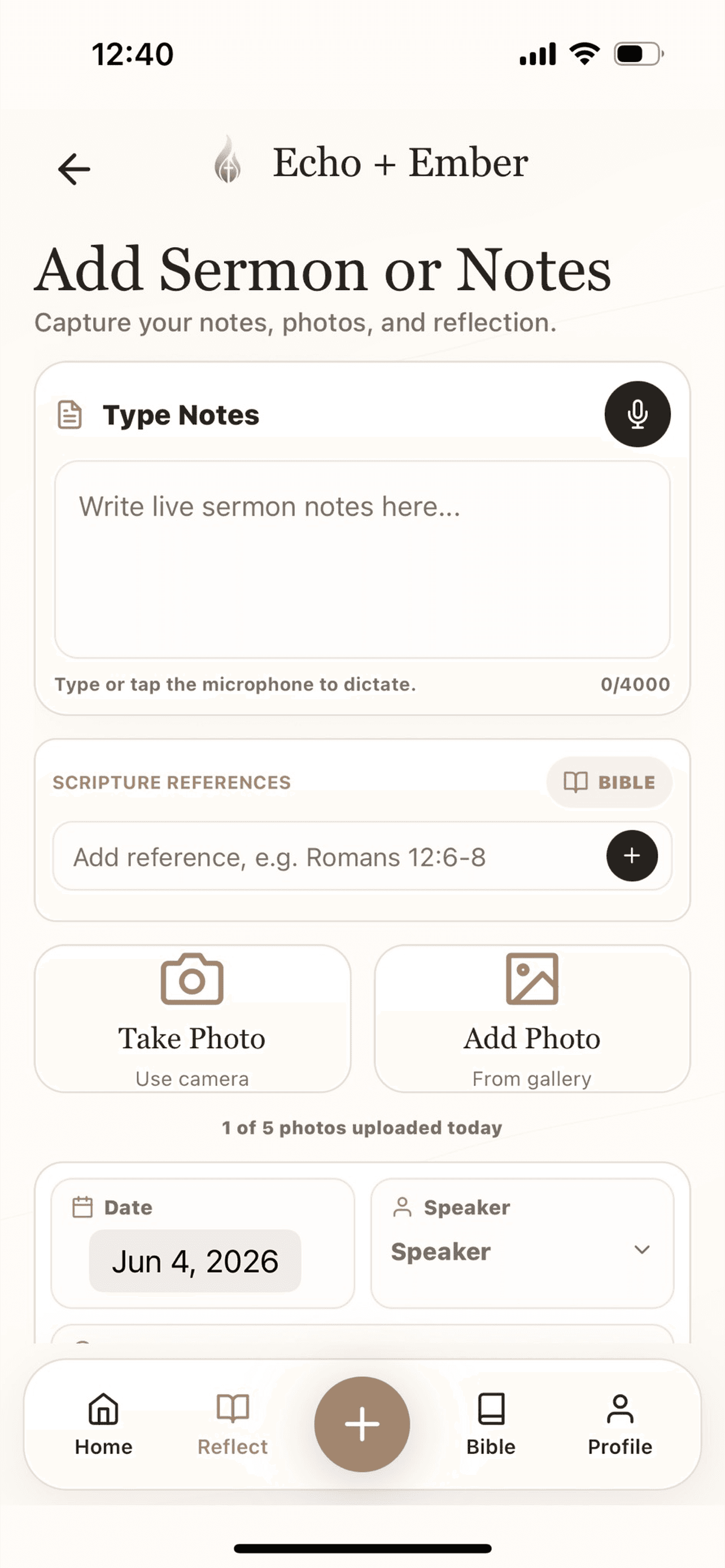 Echo + Ember Add Sermon screen with note, photo, and voice reflection options.