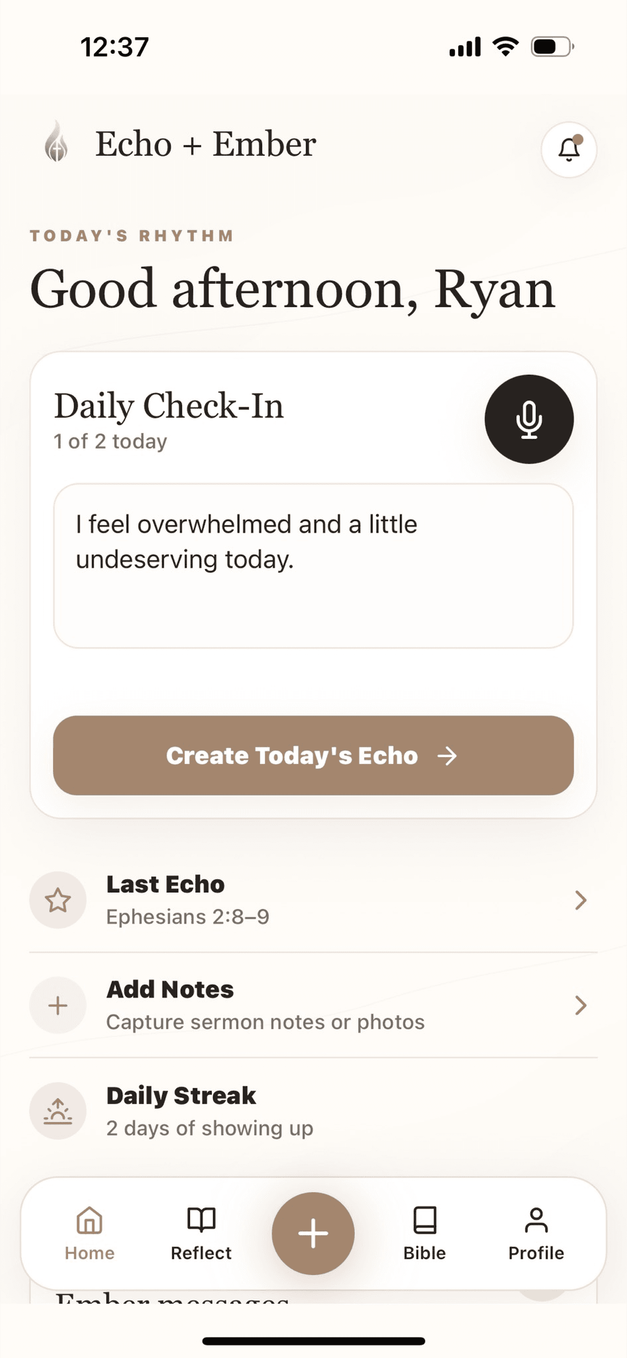 Echo + Ember home screen with a morning check-in prompt.
