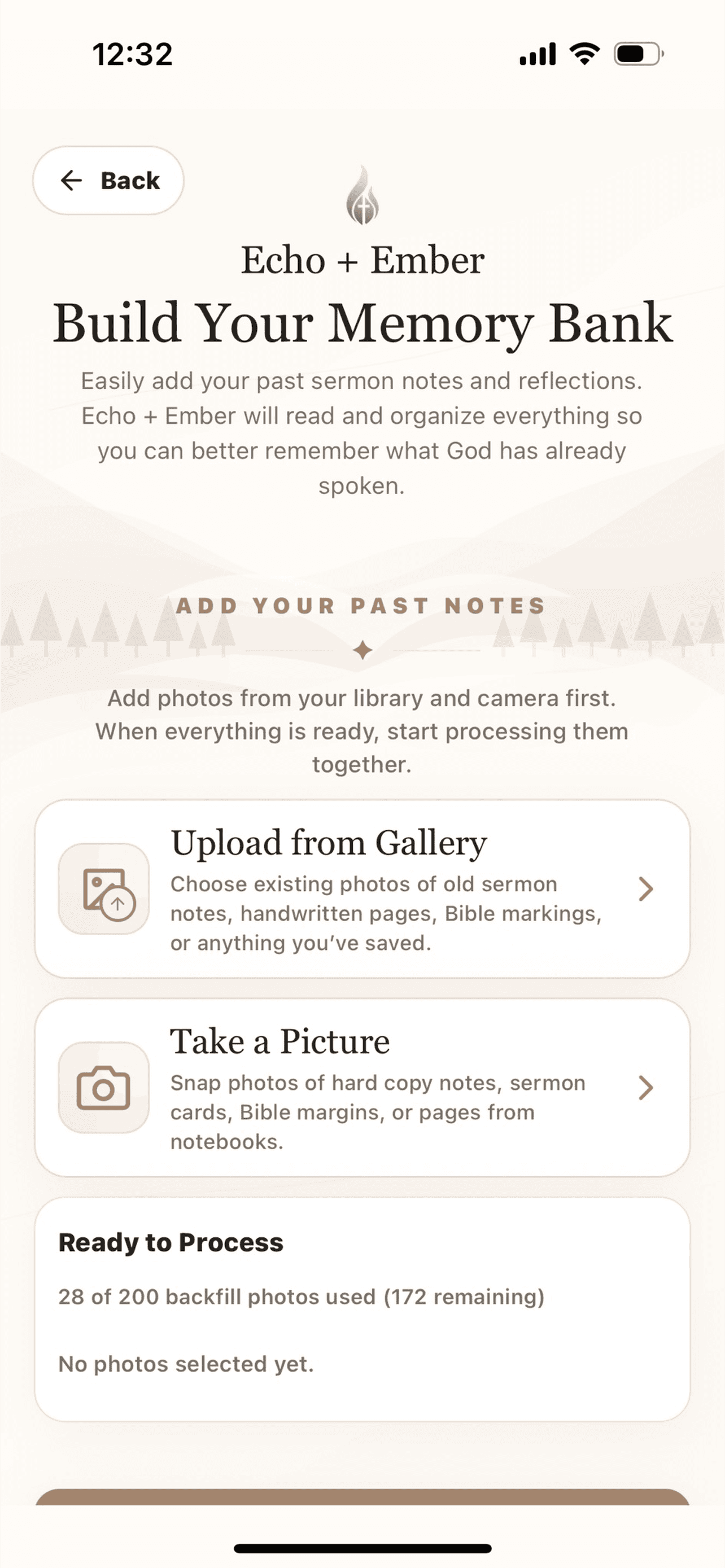 Echo + Ember Memory Bank screen with upload options for notes, Bible notes, and reflections.